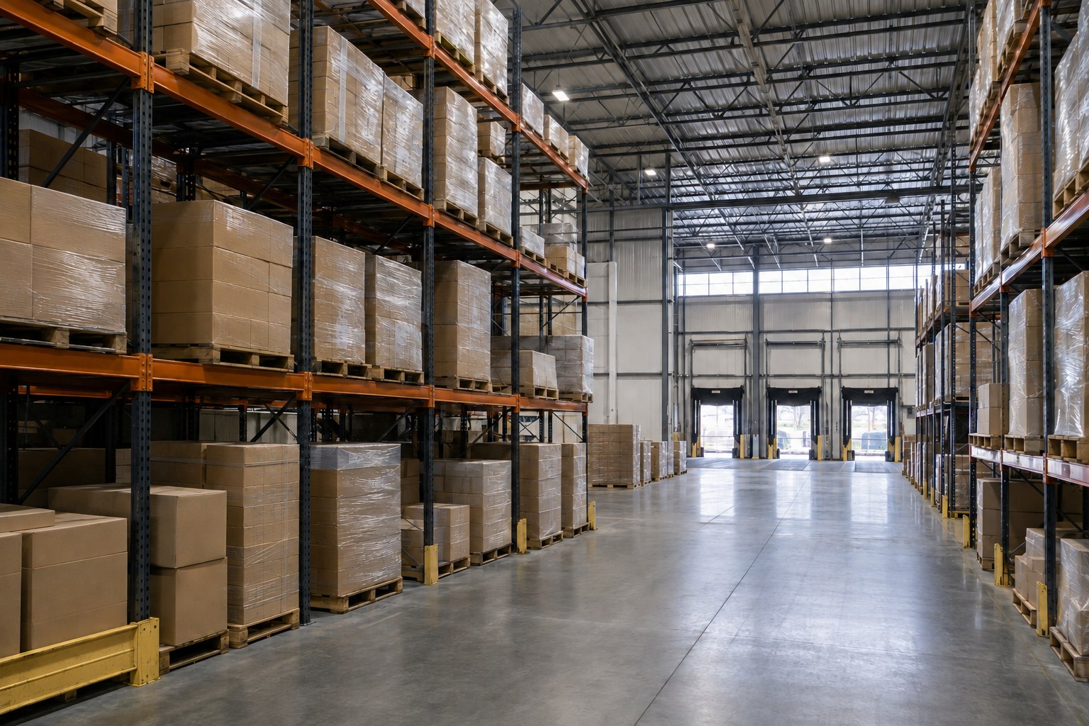 Wide clean warehouse aisle with pallet racks and loading bays